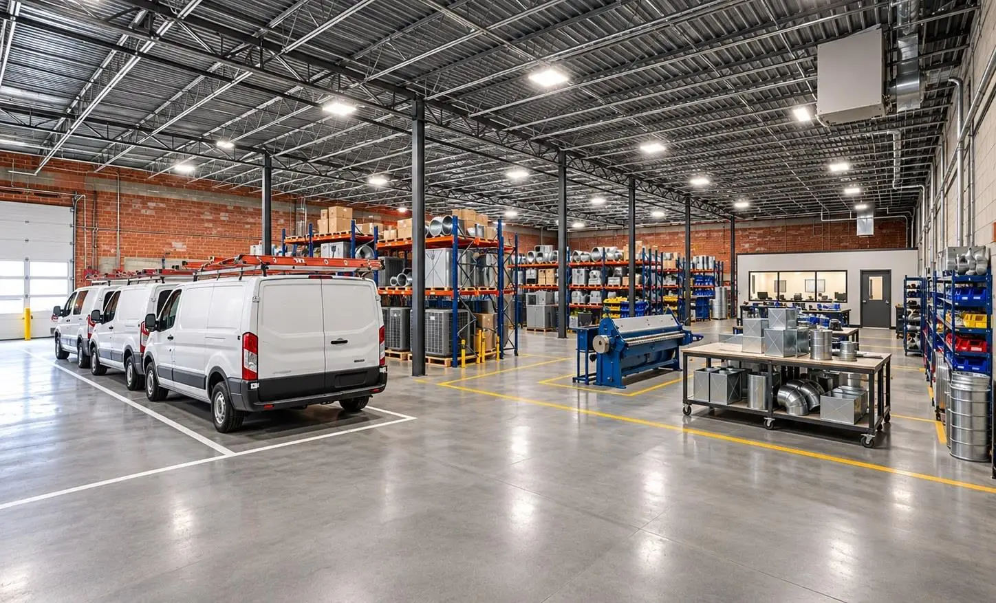 Virtually staged concept: service vans parked inside next to equipment racking and a duct shop