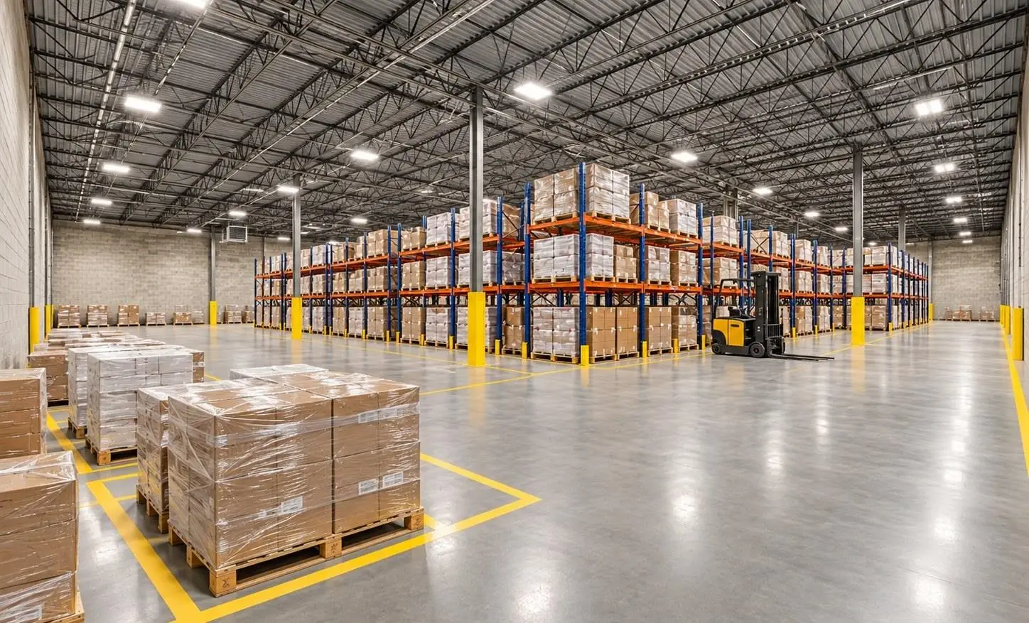 Virtually staged concept: the space with pallet racking, forklift aisles and pallets by the docks